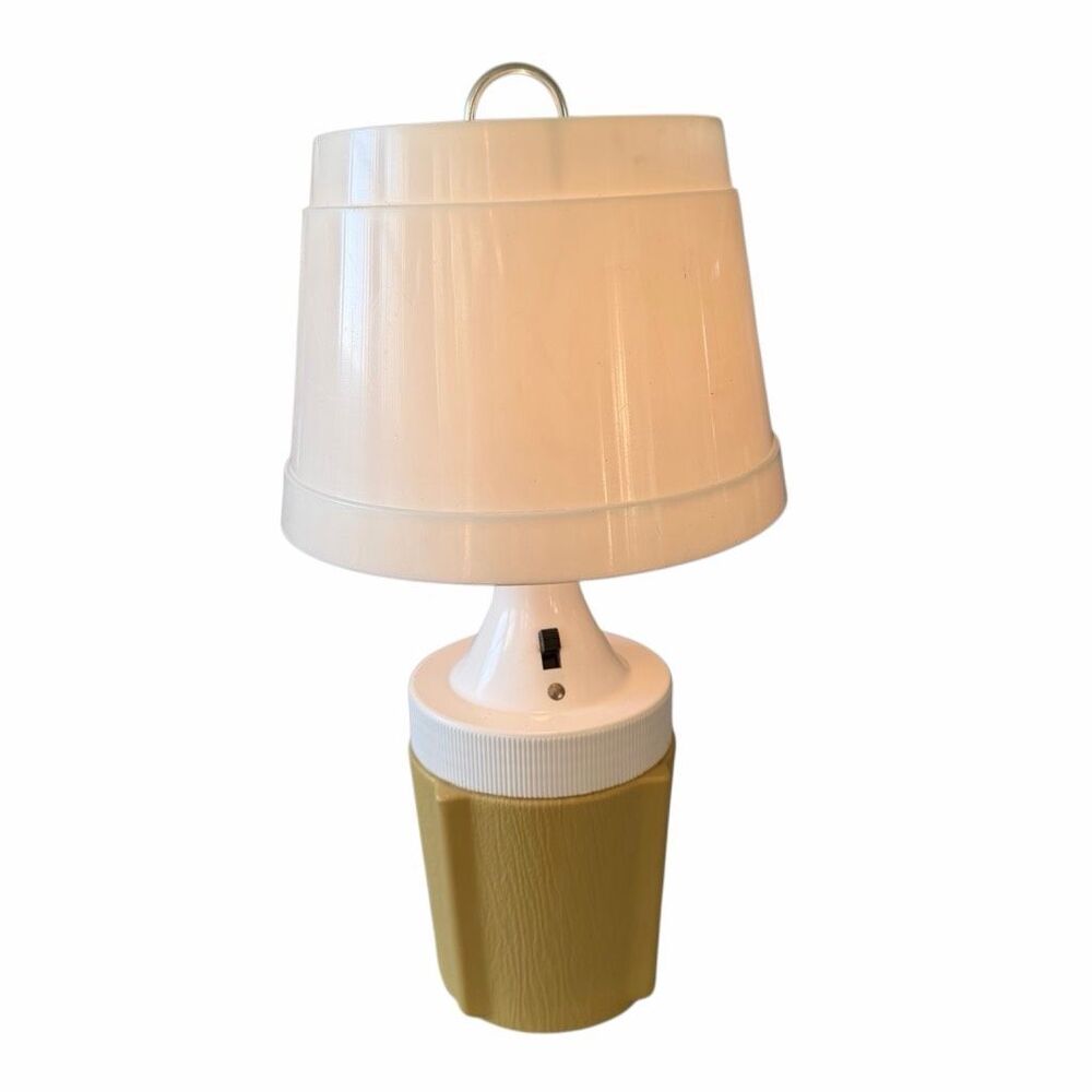 Vintage 1970s Portable Table Lamp Battery Powered Camp Light Gold White WORKING